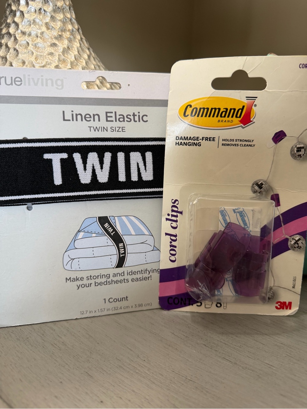 Command Purple Cord Clips by Command & Linen Elastic Twin Size -  BUNDLE. NEW